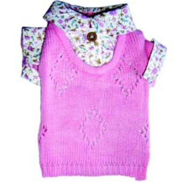 Chaleco de punto rosa con camisa floral infantil, ropa para niños en tienda de mascotas.