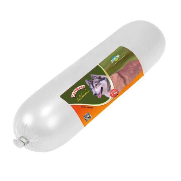 Carne de perro salchicha en empaque cilíndrico para mascotas.