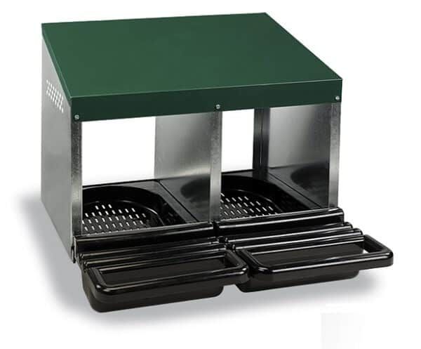 Vaporera de acero inoxidable con doble bandeja y cubierta verde para cocinas profesionales.