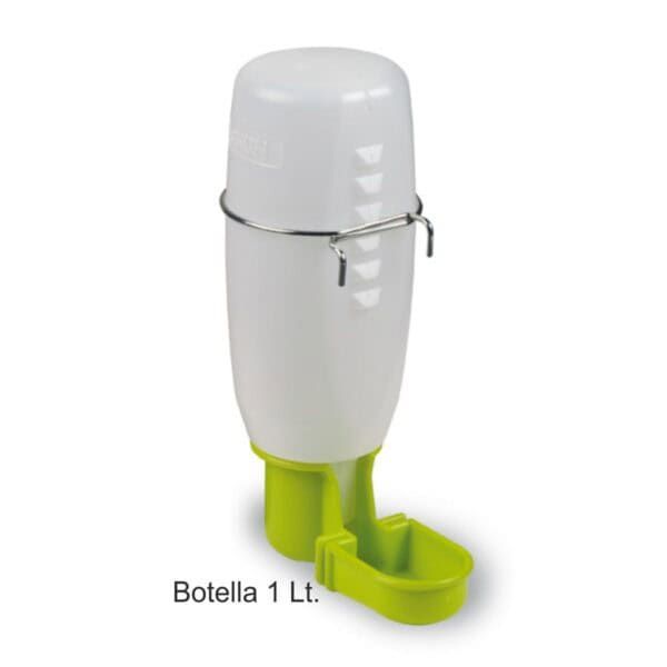 Bebedero portátil para mascotas con botella de 1 litro y comedero, accesorio para adopción y paseo.