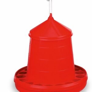 Jarra de agua para aves, comedero de plástico rojo.