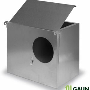 Plato de comida para mascotas en acero inoxidable con puerta de entrada.