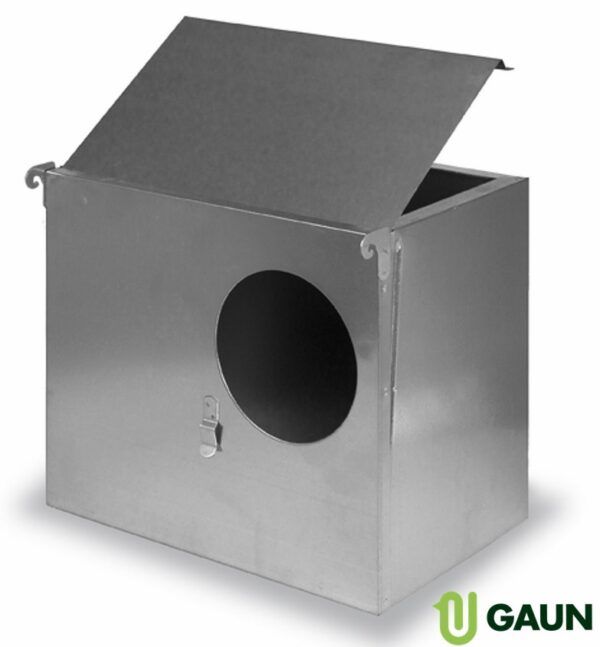 Plato de comida para mascotas en acero inoxidable con puerta de entrada.