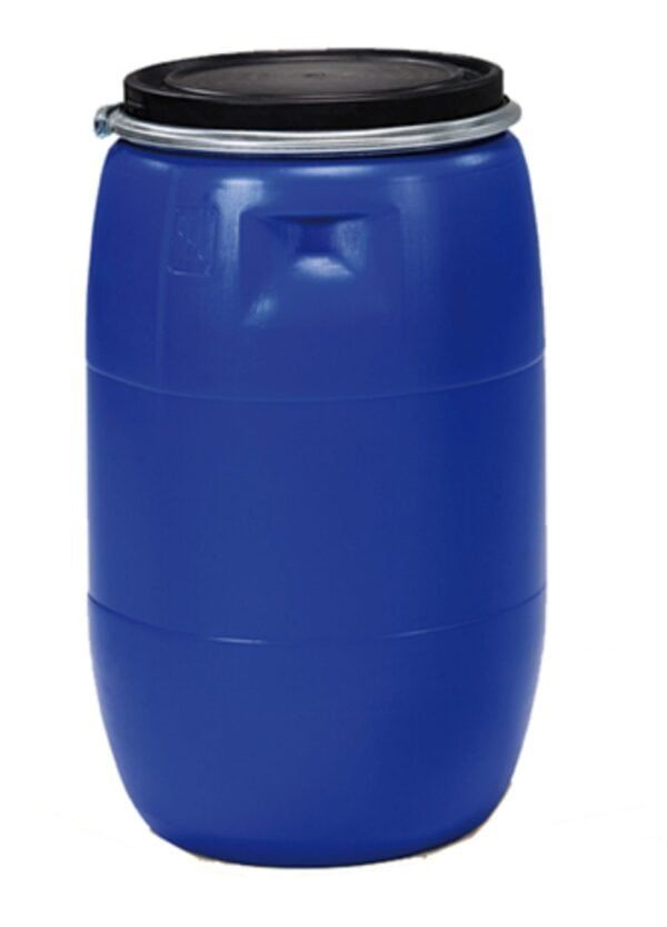 Contenedor de plástico azul con tapa negra para almacenamiento.