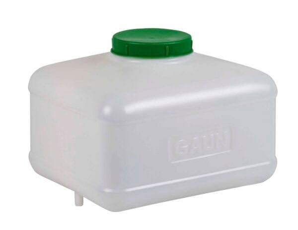 Depósito de plástico blanco con tapa verde para almacenaje.