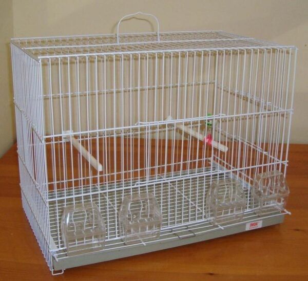 Jaula para aves con comederos de plástico y perchero, ideal para mascotas voladoras, en color blanco - Tienda online TodoMASKOTAS.