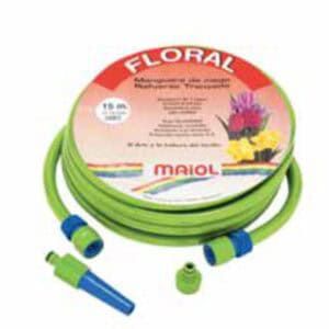 Manguera de jardín flexible y resistente para riego y jardinería en color verde y azul.