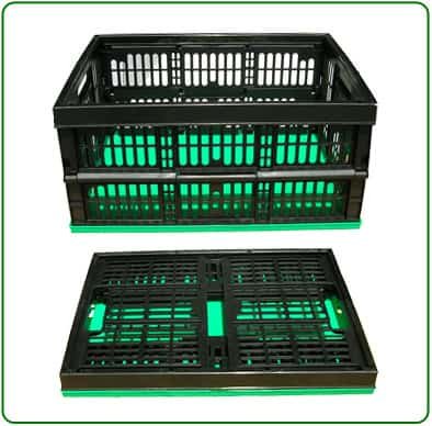 Contenedor de plástico apilable para almacenamiento de productos.