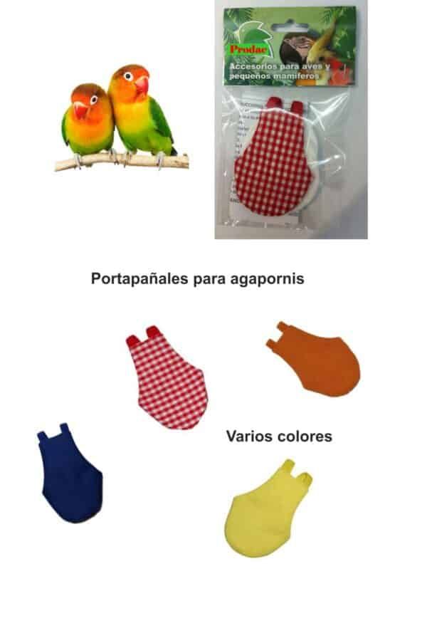 Accesorios para agapornis en diferentes colores y estilos, portapañales y artículos para aves pequeñas.