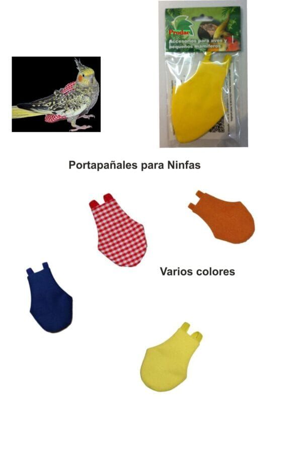Accesorios para ninfas, porta pañales y de colores variados para aves pequeñas.
