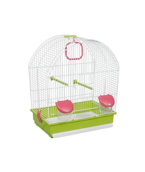 Jaula para aves con bandeja extraíble y comederos, ideal para loros y periquitos en tienda de mascotas.