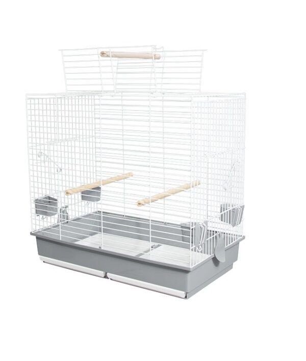 Jaula para aves con base extraíble y accesorios para mascotas.