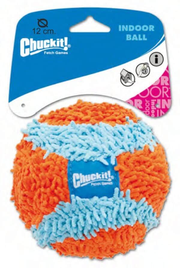 Pelota de peluche para mascotas, tamaño 12cm, color naranja y azul, ideal para perros y gatos en juego indoor.