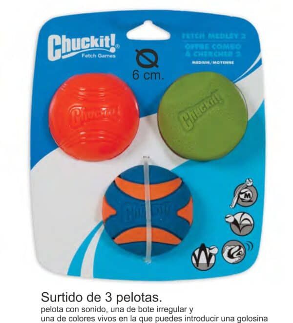 Pelotas de juego Chuckit! para mascotas, set de 3 con sonidos y colores vivos.
