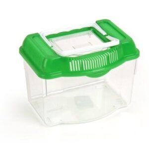 Contenedor de plástico transparente con tapa verde para almacenamiento seguro.