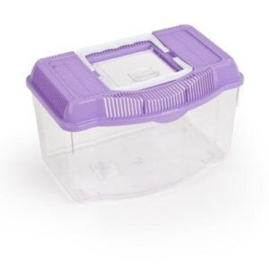 Contenedor de almacenamiento transparente con tapa morada para juguetes y accesorios.