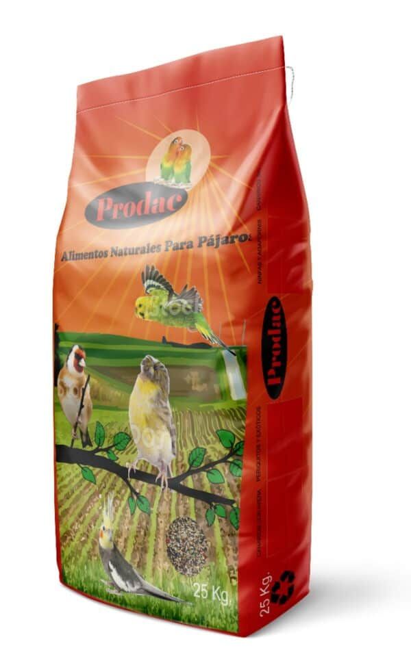 Alimento natural para aves en paquete de 25 kg, ideales para pájaros silvestres y exóticos en tienda online.