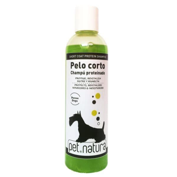 Pelo corto champú proteinado para perros y mascotas, revitaliza y nutre el pelo.