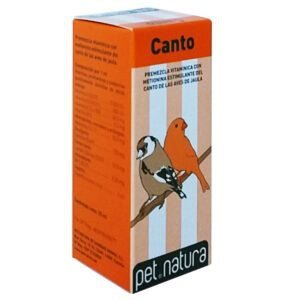 Medicamento Canto para aves, suplemento vitamínico y estimulante en caja de 250 ml. para aves de jaula.