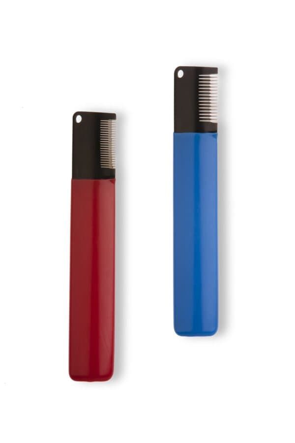 Cortapelo para mascotas de colores rojo y azul, ideal para grooming y cuidado felino y canino.