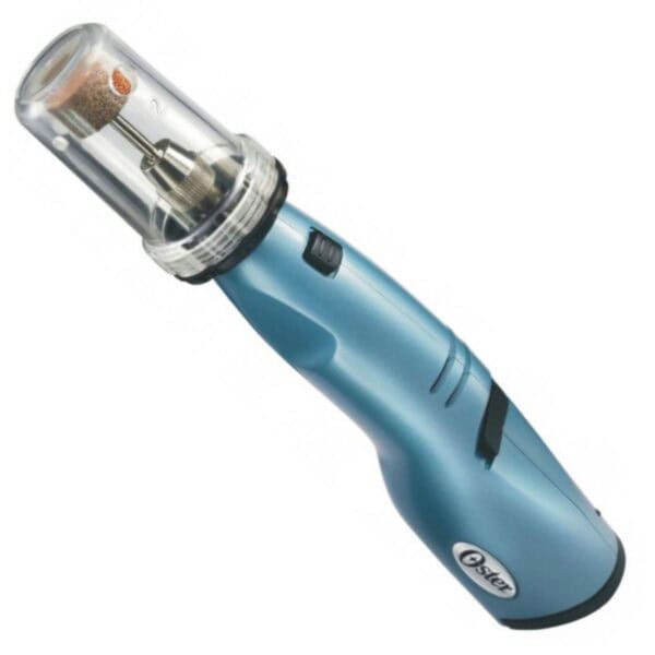 Cortapelos eléctrico de precisión azul con peine de guardia ajustable.