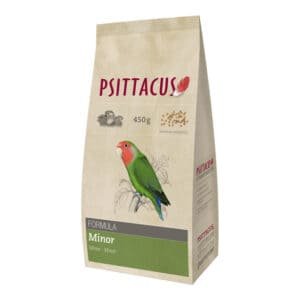 Alimento para mascotas Psittacus en paquete de 450g con fórmula Minor para loros.