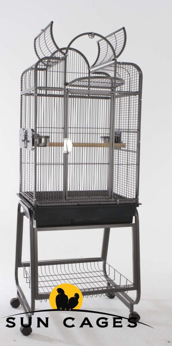 Puerta de jaula para aves con bandeja extraíble y ruedas para fácil movilidad. Ideal para mascotas en interiores y exteriores.