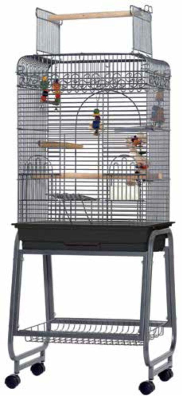 Juguete para loros en jaula metálica de colores brillantes y accesorios de diversión.