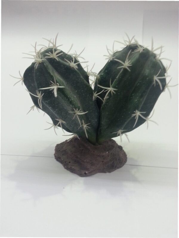 Cactus decorativo con base de piedra, ideal para adornar interiores y exteriores modernos.