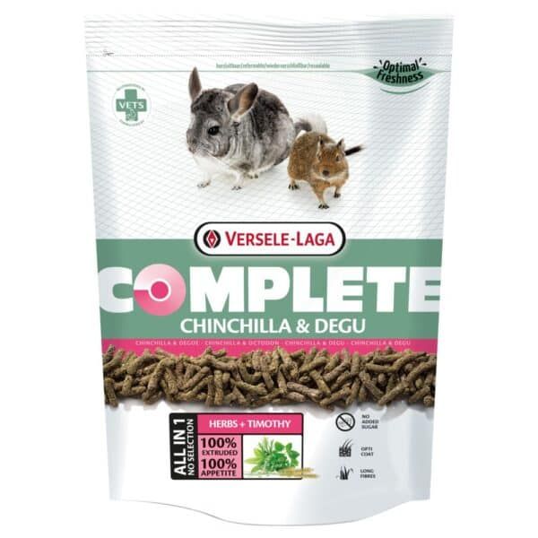 Completo comida para chinchillas y degus con hierbas y tomillo, sin azúcar añadido, fibra larga, para una dieta equilibrada y saludable.