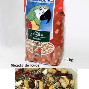 Mezcla de semillas para loros y cotorras en bolsa de 15 kg. Ideal para alimentación de aves grandes y pequeñas.