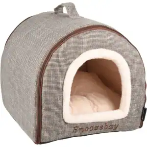 Cueva para mascotas con interior de felpa y diseño compacto, ideal para gatos y perros pequeños.