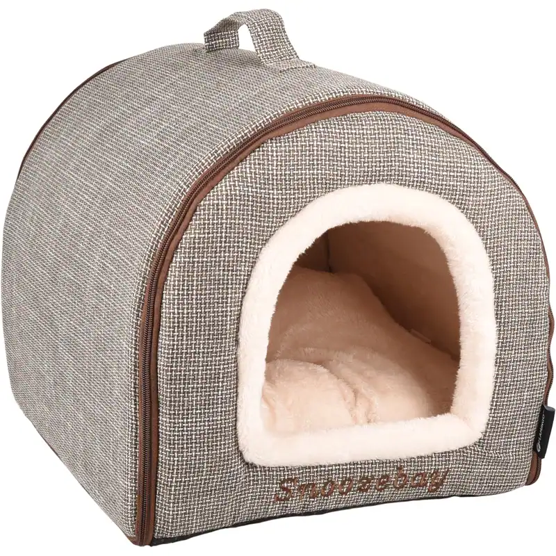 Cueva para mascotas con interior de felpa y diseño compacto, ideal para gatos y perros pequeños.