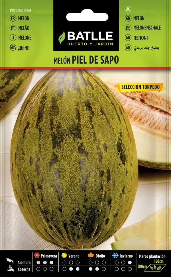 Paquete de semillas de melón Piel de Sapo con una imagen del melón.