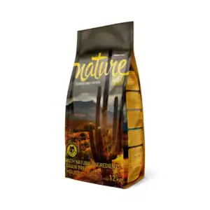 Alt: Bolsa de comida para perros con ingredientes naturales y sin granos, 12 kg.