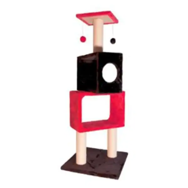 Alt: Rascador para gatos con estructura de madera y colores rojo y negro.
