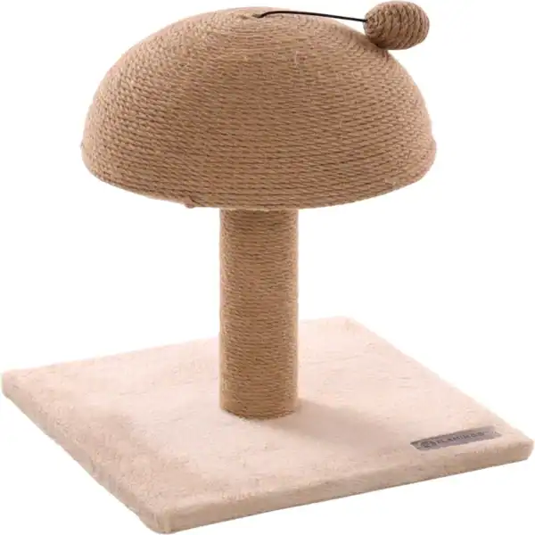 Rascador para gatos de felpa beige con base en cochecito de felpa.