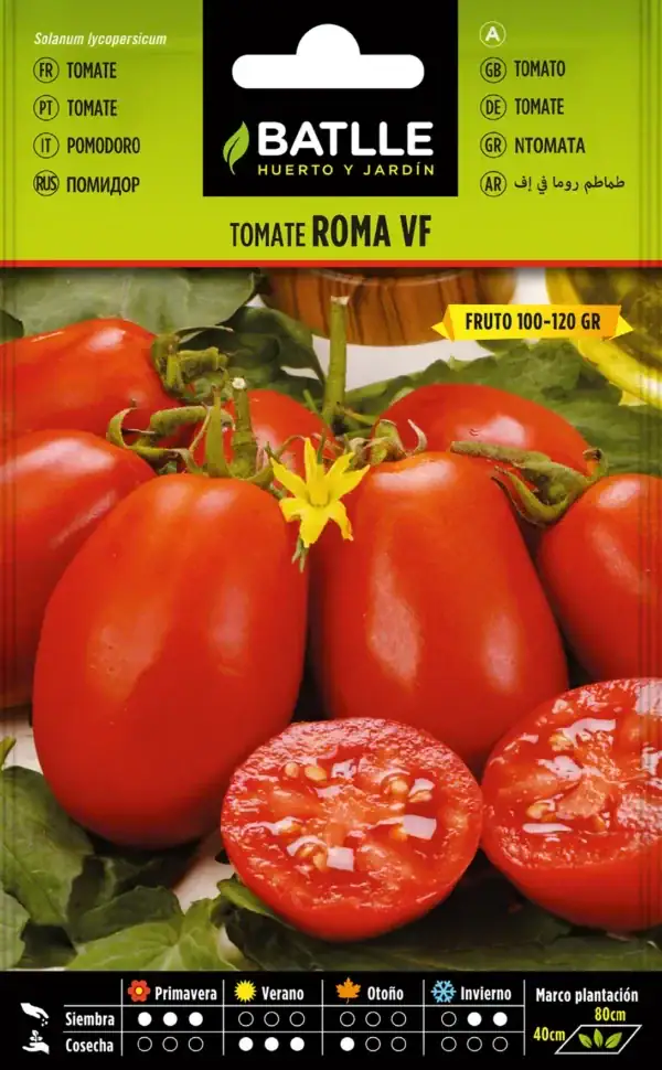 Paquete de semillas de tomate Roma VF con tomates frescos.