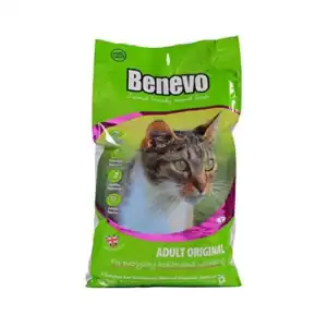 Alto texto: Ración de comida para gatos adultos benefecto y saludable.