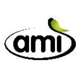 Amí logo de marca en estilo simple con hoja verde.