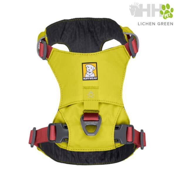 Pechera para perros Ruffwear Lichen Green con reflectante y ajuste seguro.
