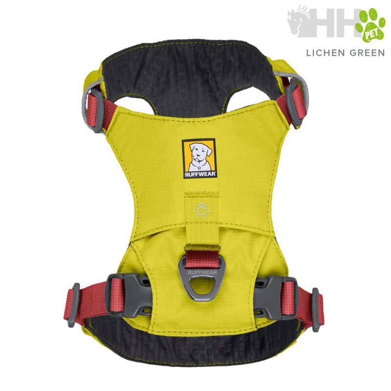 Pechera para perros Ruffwear Lichen Green con reflectante y ajuste seguro.