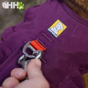 Ruffwear arnés para perros con cierre de clip y etiquetas de la marca.