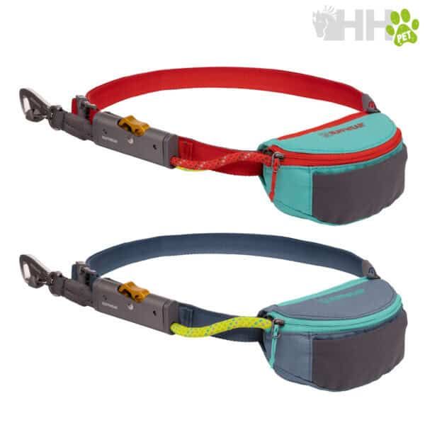 Correa retráctil para mascotas con funda de color aqua y gris, ideal para paseos seguros y cómodos.