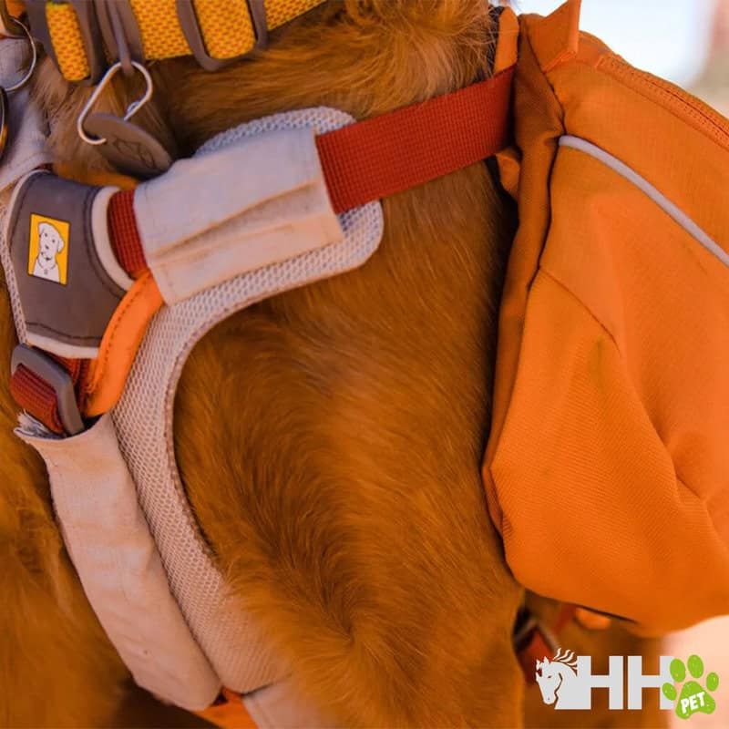 Arnés para perros con mochila naranja, comodidad y estilo en paseos.