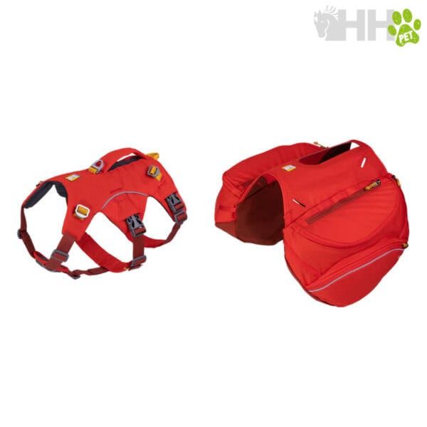 Cinturón y mochila para mascotas en color rojo, ideales para pasear con tu perro.