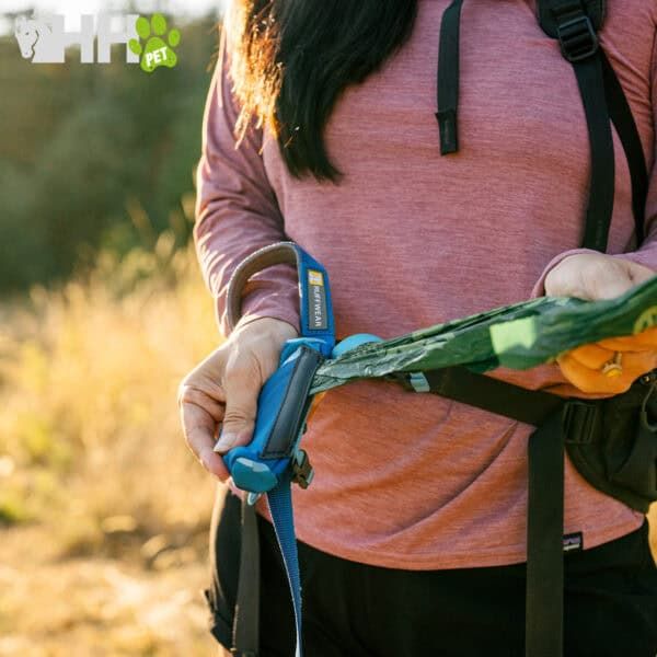 Botella de agua para mascotas en arnés, ideal para paseos con perros pequeños.