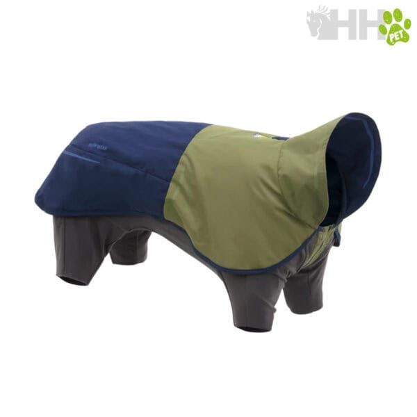 Abrigo para perros con capucha color aqua y gris, ideal para paseos en invierno.