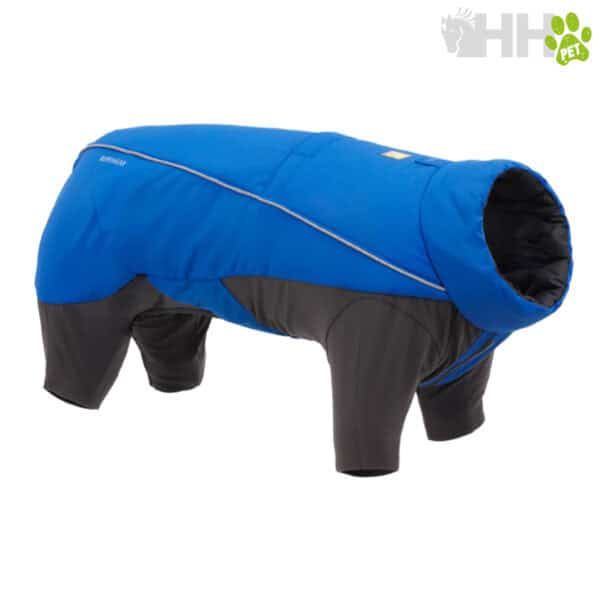 Chaqueta para perro en azul y negro, ideal para mascotas y clima frío.
