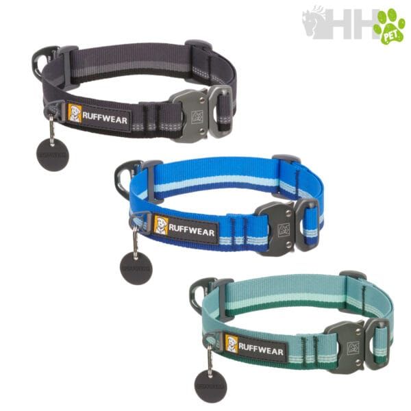 Ruffwear collar para perros en colores gris, azul y verde, resistente y ajustable.